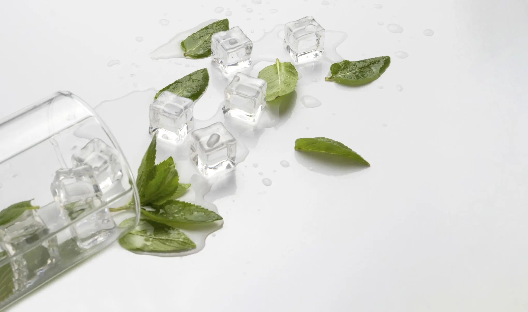 Umgekippter Glasbecher mit herausgefallenen Eiswürfeln und verstreuten Minzblättern auf weißem Untergrund